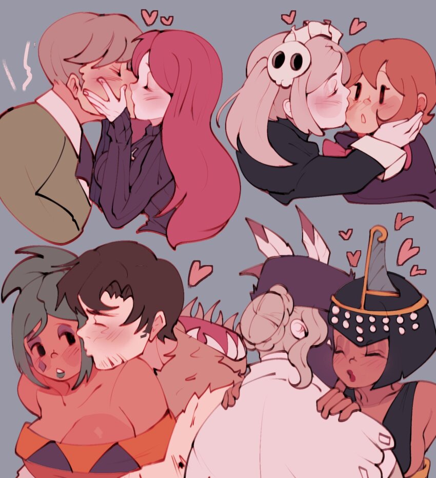 adam_kapowski, bare_shoulders, beowulf_(skullgirls), black_hair, bloody_marie_(skullgirls), blue_background, blush, breasts