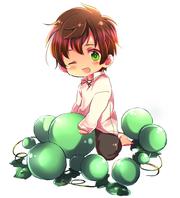 1boy, axis_powers_hetalia, bad_id, bad_pixiv_id, brown_hair, chibi, food, fruit, grapes, green_eyes, holding, holding_food, holding_fruit, male_focus, one_eye_closed, saemi, solo, spain_(hetalia), wink