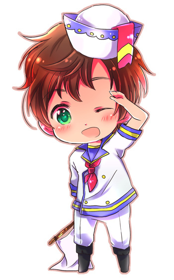 1boy, axis_powers_hetalia, bad_id, bad_pixiv_id, brown_hair, chibi, dixie_cup_hat, green_eyes