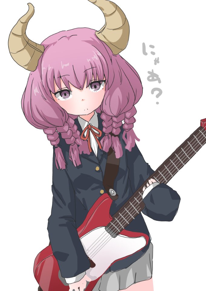 1girl, alternate_costume, alternate_hairstyle, aura_(sousou_no_frieren), blunt_bangs, braid, commentary_request, demon_horns, electric_guitar, guitar, hair_between_eyes, holding, horns, instrument, k-on!, looking_at_viewer, multiple_braids, pink_hair, purple_eyes, school_uniform, simple_background, solo, sousou_no_frieren, soutsuki_naru, translation_request, voice_actor_connection, white_background
