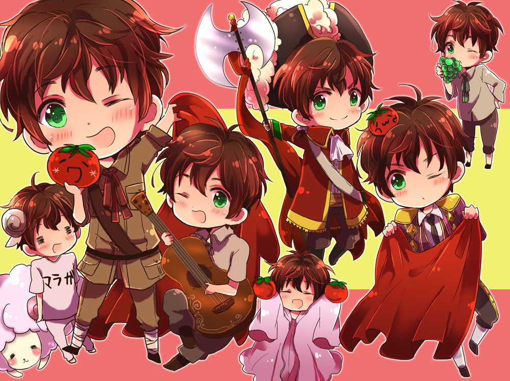 1boy, acoustic_guitar, animal_ears, axe, axis_powers_hetalia, bad_id, bad_pixiv_id, brown_hair