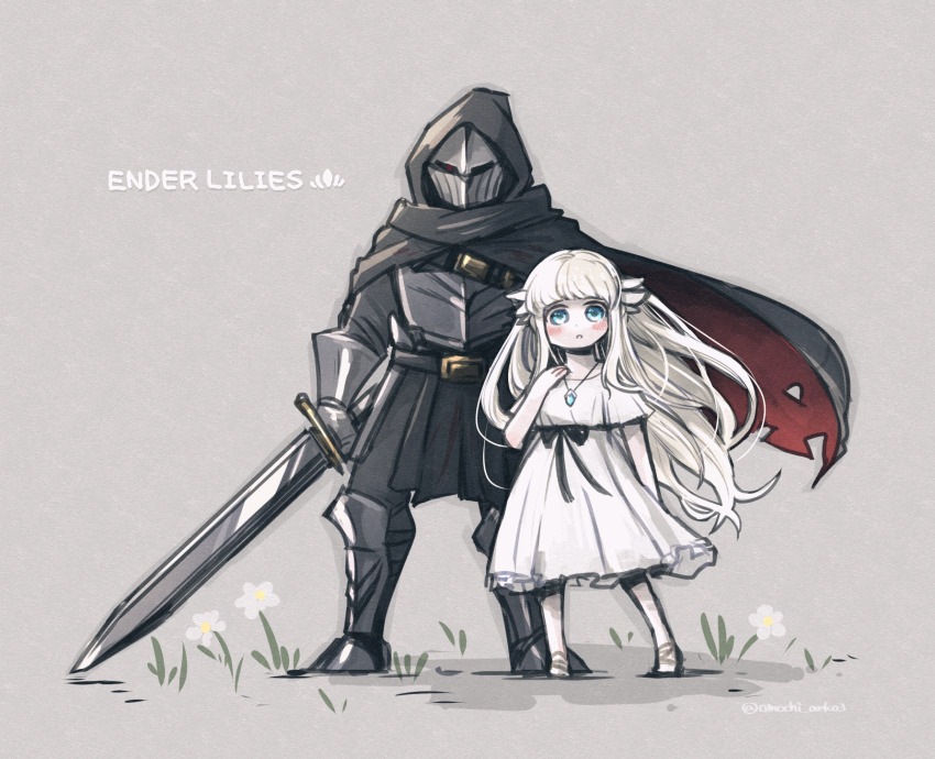 1boy, 1girl, armor, black_cloak, blue_eyes, blush, cloak, commentary_request