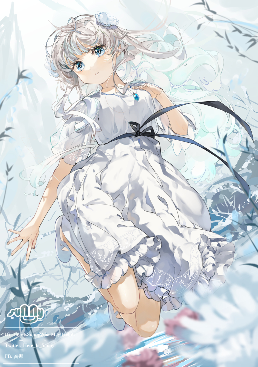 1girl, absurdres, black_ribbon, blue_eyes, chinese_commentary, commentary_request, dongbu, dress