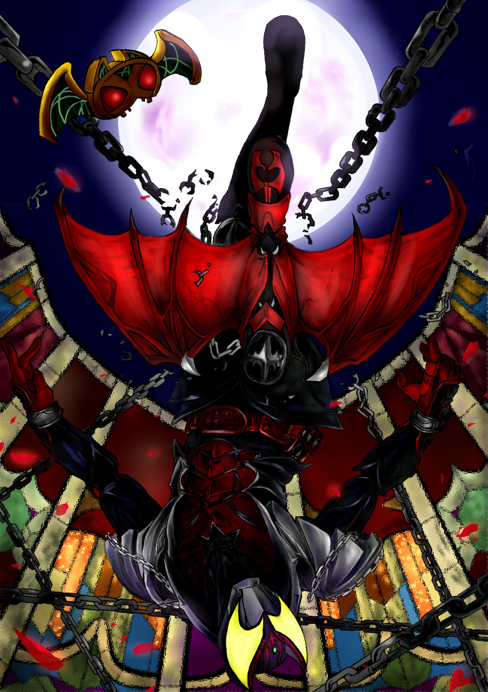 1boy, aburae-mamire, bat_wings, chain, highres, kamen_rider, kamen_rider_kiva, kamen_rider_kiva_(series), kivat-bat_iii, male_focus, moon, solo, upside-down, wings