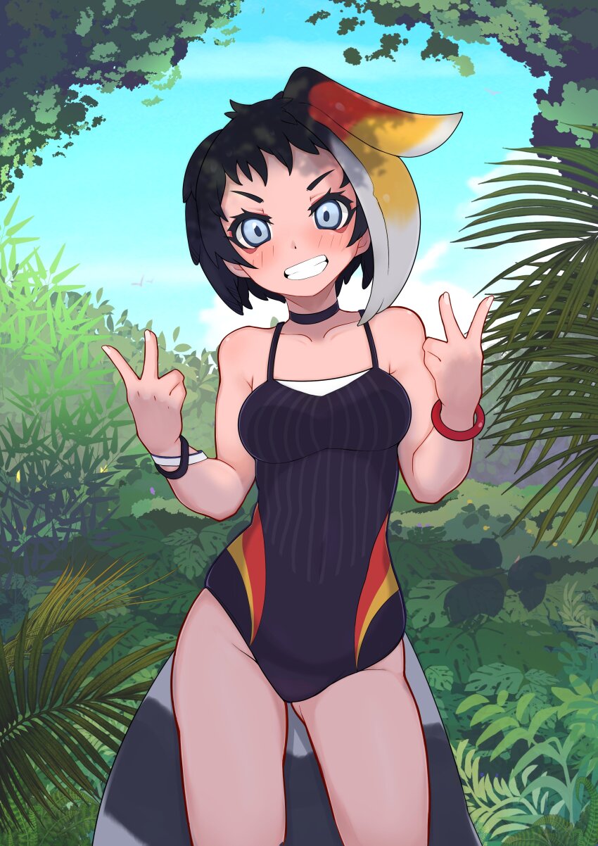 1girl, absurdres, alternate_costume, bare_shoulders, bird_girl, bird_tail, bird_wings, black_choker, black_hair, black_one-piece_swimsuit, blonde_hair, blue_eyes, choker, competition_swimsuit, cowboy_shot, double_v, head_wings, highres, illu_(illu_stratos), kemono_friends, looking_at_viewer, multicolored_hair, one-piece_swimsuit, red_hair, rhinoceros_hornbill_(kemono_friends), short_hair, smile, solo, spaghetti_strap, swimsuit, tail, v, white_hair, wings, wristband