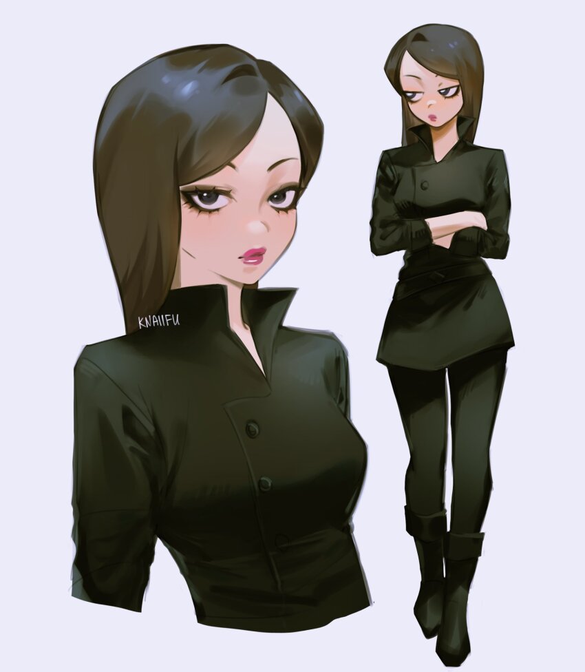 1girl, black_eyeliner, black_eyes, black_footwear, black_hair, black_jacket, black_pants, boots, breasts, commentary, crossed_arms, english_commentary, eyeliner, highres, jacket, knaiifu, long_hair, medium_breasts, multiple_views, pants, phineas_and_ferb, pink_lips, signature, simple_background, vanessa_doofenshmirtz, white_background