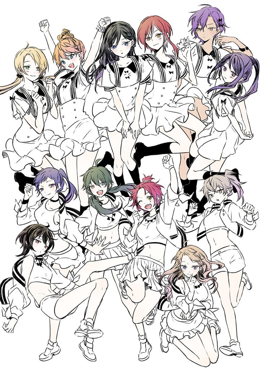 6+girls, akehoshi_subaru, bangs_pinned_back, black_hair, blonde_hair, blue_eyes, blue_hair, brown_hair