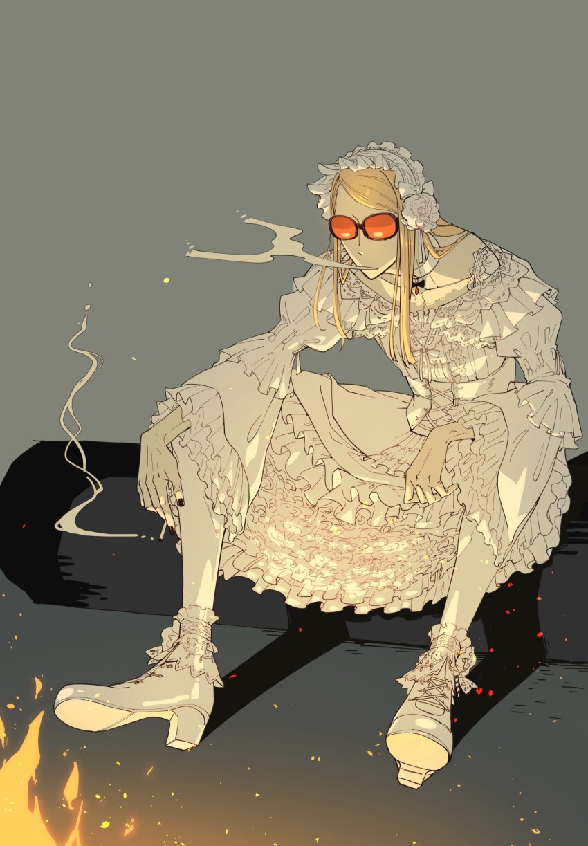 1boy, between_fingers, black_nails, blonde_hair, choker, cigarette, collarbone, crossdressing