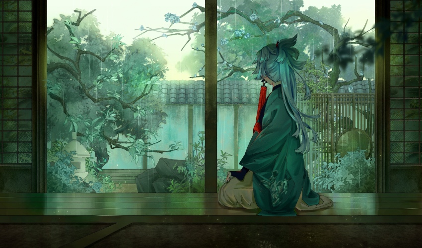 1girl, absurdres, aqua_kimono, architecture, cherry_blossoms, dhsauce, earrings, east_asian_architecture
