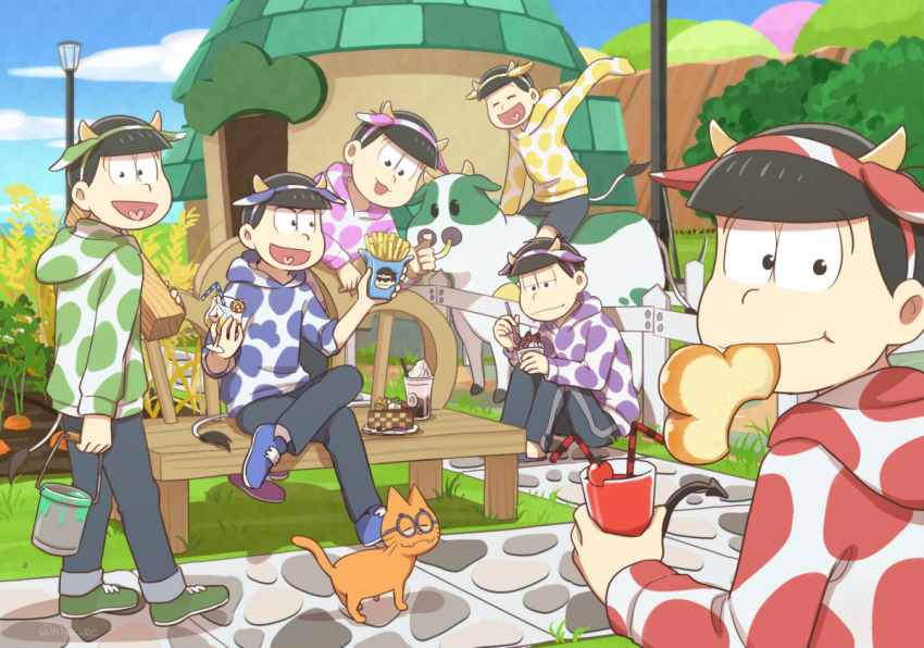 6+boys, :3, :d, ^_^, animal_ears, animal_print, arm_up, artist_name