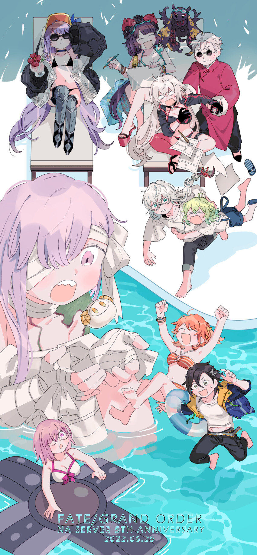 >_<, 4boys, 6+girls, absurdres, anniversary, apollo_(fate), arms_up, asclepius_(fate)