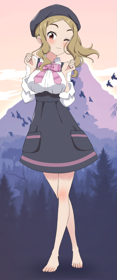 1girl, arm_up, barefoot, bird, blush, breasts, brown_hair, closed_mouth