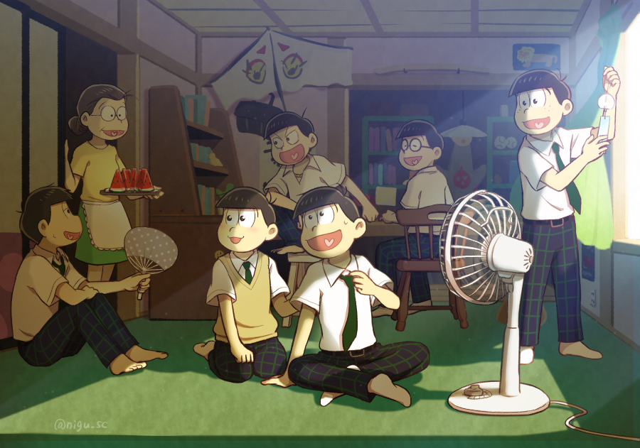 1girl, 6+boys, :d, ^_^, apron, arm_support, artist_name, barefoot