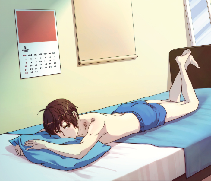 1boy, barefoot, bed, brown_eyes, brown_hair, calendar, calendar_(object), dutch_angle