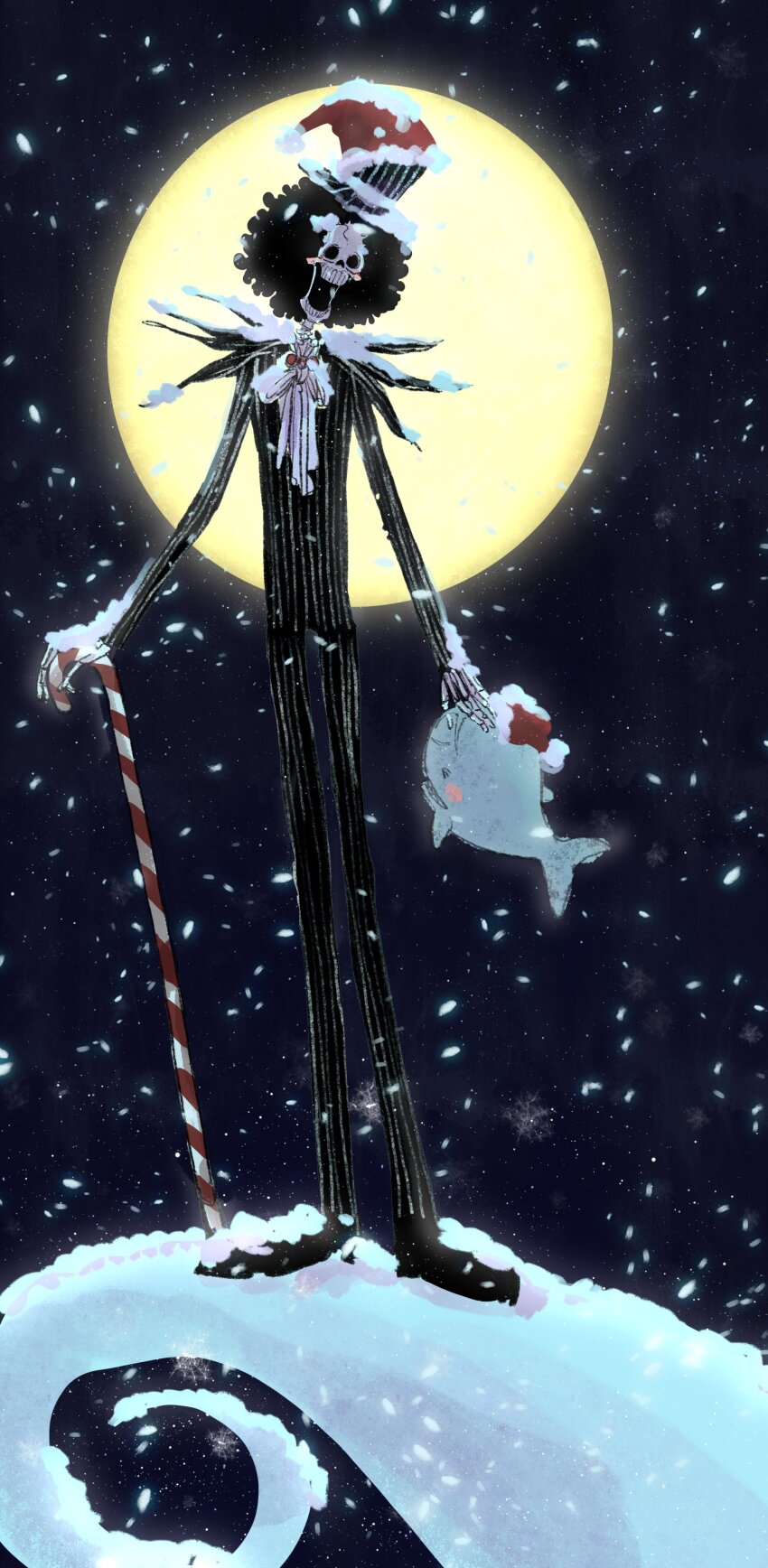 2boys, absurdres, afro, black_hair, blush, brook_(one_piece), cane, closed_eyes