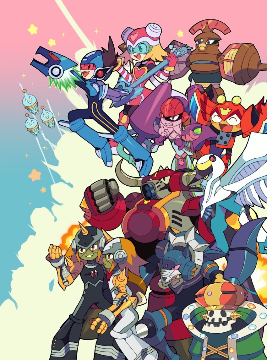 2girls, 6+boys, armor, blonde_hair, bodysuit, brown_hair, cancer_bubble_(mega_man), claws, clenched_hands, crown, crown_thunder_(mega_man), cygnus_wing_(mega_man), earrings, gemini_(mega_man_star_force), gemini_spark_(mega_man), geo_stelar_(mega_man), green_robe, guitar, harp_note_(mega_man), helmet, hertz_(mega_man), highres, holding, holding_guitar, holding_instrument, horns, instrument, jewelry, libra_scales_(mega_man), mega_man_(series), mega_man_star_force_(series), mega_man_star_force_1, miyata_(lhr), multiple_boys, multiple_girls, omega-xis_(mega_man), open_mouth, queen_ophiuca_(mega_man), robe, smile, sonia_strumm_(mega_man), tail, taurus_fire_(mega_man), teeth, twintails, upper_teeth_only, wings, wolf_woods_(mega_man)