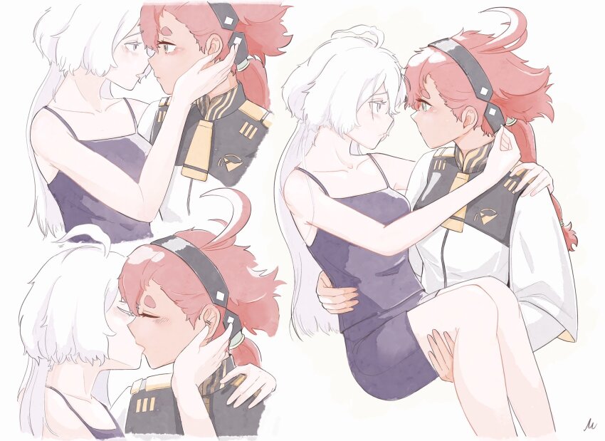 2girls, ahoge, asticassia_school_uniform, closed_eyes, dark-skinned_female, dark_skin, eye_contact, female_focus, gundam, gundam_suisei_no_majo, hairband, highres, kiss, long_hair, looking_at_another, messy_hair, miorine_rembran, mng_srmo, multiple_girls, red_hair, school_uniform, short_shorts, shorts, spaghetti_strap, suletta_mercury, thick_eyebrows, yuri