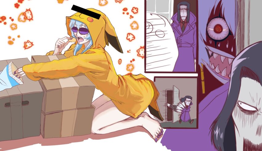 archnemon, arthropod_girl, blue_hair, digimon, digimon_(creature), eating, enodgmxa, gen_1_pokemon