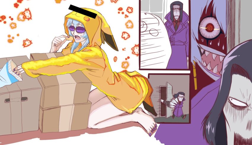 archnemon, arthropod_girl, blue_hair, digimon, digimon_(creature), eating, enodgmxa, gen_1_pokemon, glasses, horns, insect_girl, long_hair, mask, monster_girl, nintendo, oikawa_yukio, pikachu, pokemon, spider_girl