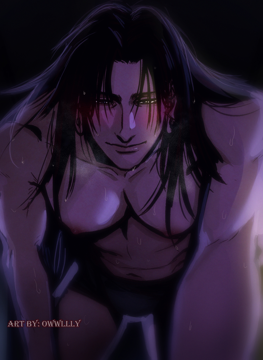 1boy, artist_name, bara, black_hair, black_male_underwear, closed_mouth, geto_suguru, highres, jujutsu_kaisen, large_pectorals, long_hair, male_focus, male_underwear, muscular, muscular_male, navel, nipples, owwllly, pectorals, smile, solo, underwear, yaoi