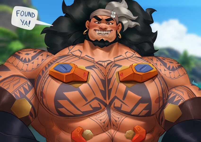 1boy, abs, absurdres, bara, beard, black_hair, chest_tattoo, dark-skinned_male, dark_skin, elbow_gloves, english_text, full_beard, gloves, highres, huge_pectorals, lemz_(adrawingpotato), male_focus, mature_male, mauga_(overwatch), muscular, muscular_male, overwatch, overwatch_2, solo, strongman_waist, tattoo, thick_eyebrows, upper_body, v-shaped_eyebrows