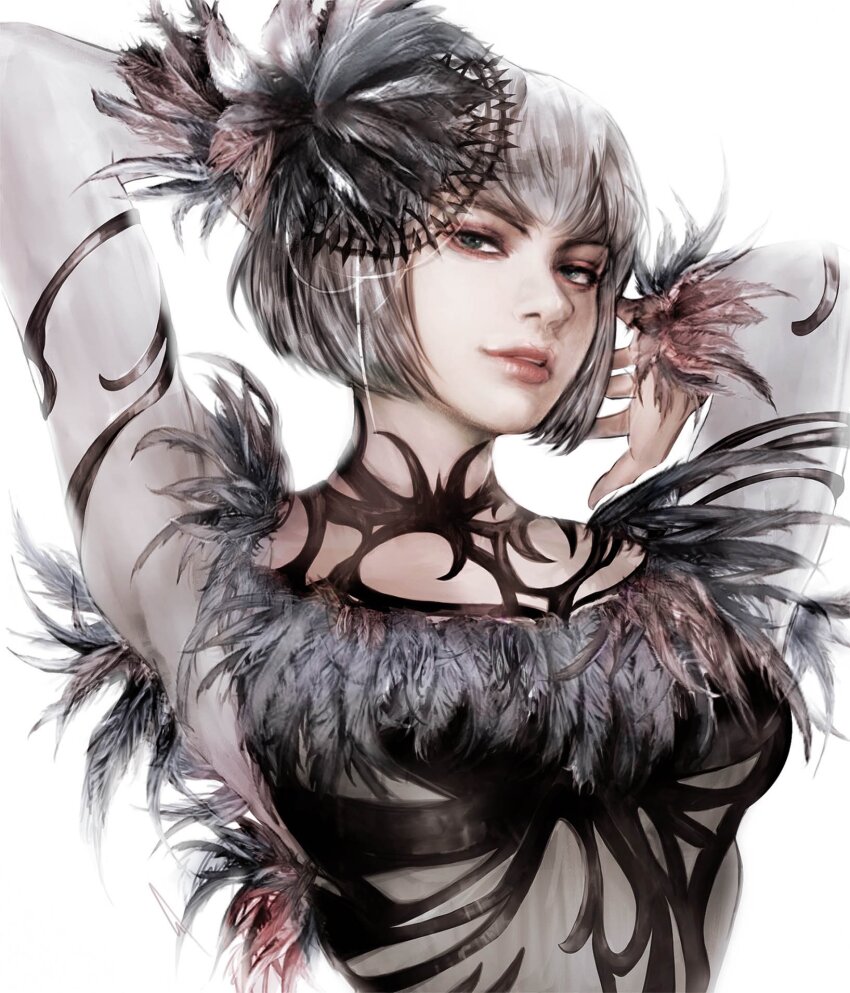 1girl, anna_williams, armpits, arms_behind_head, breasts, brown_hair, dress, flower