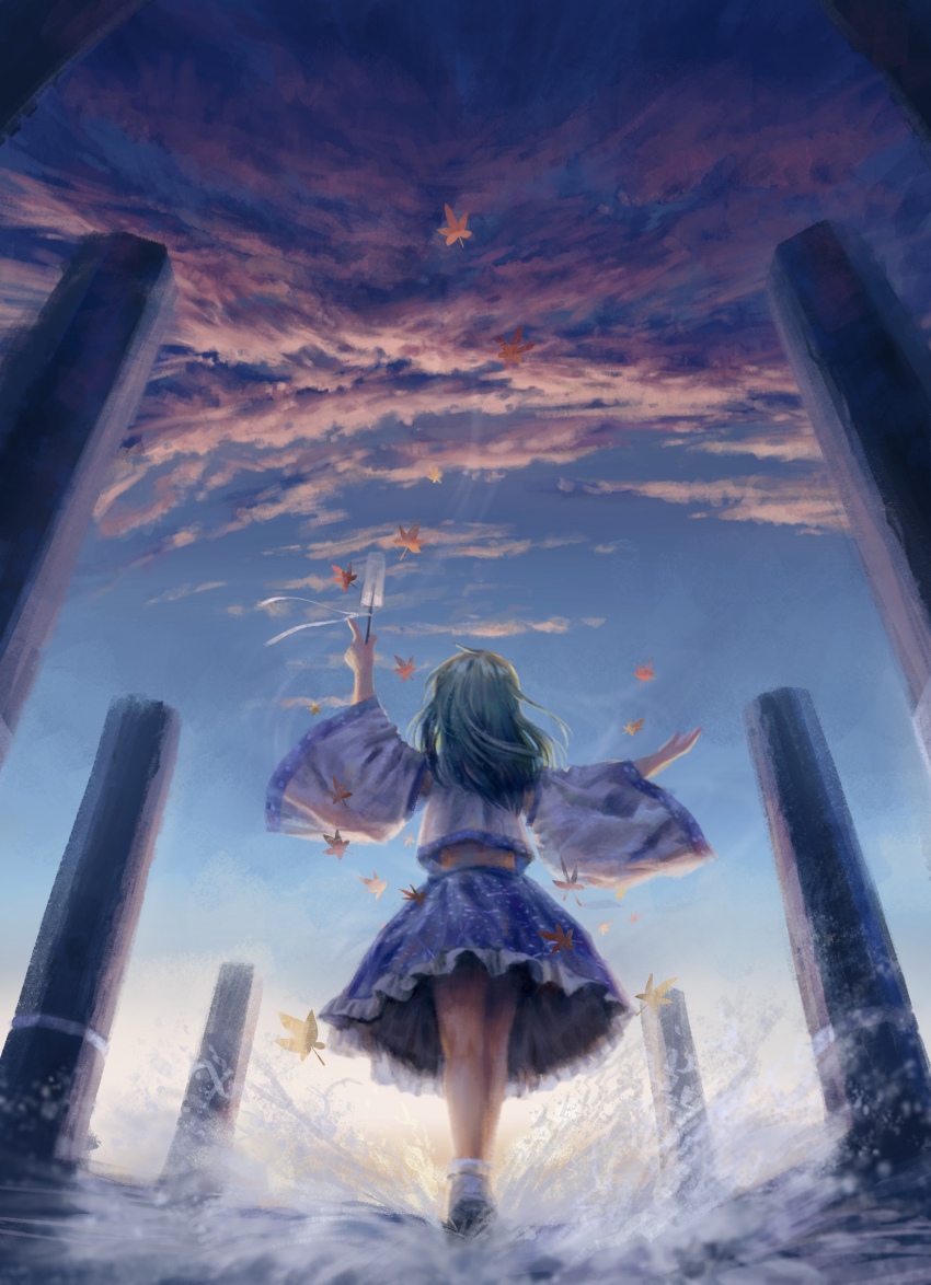 1girl, absurdres, arms_up, bare_shoulders, black_shoes, blue_skirt, detached_sleeves, from_behind