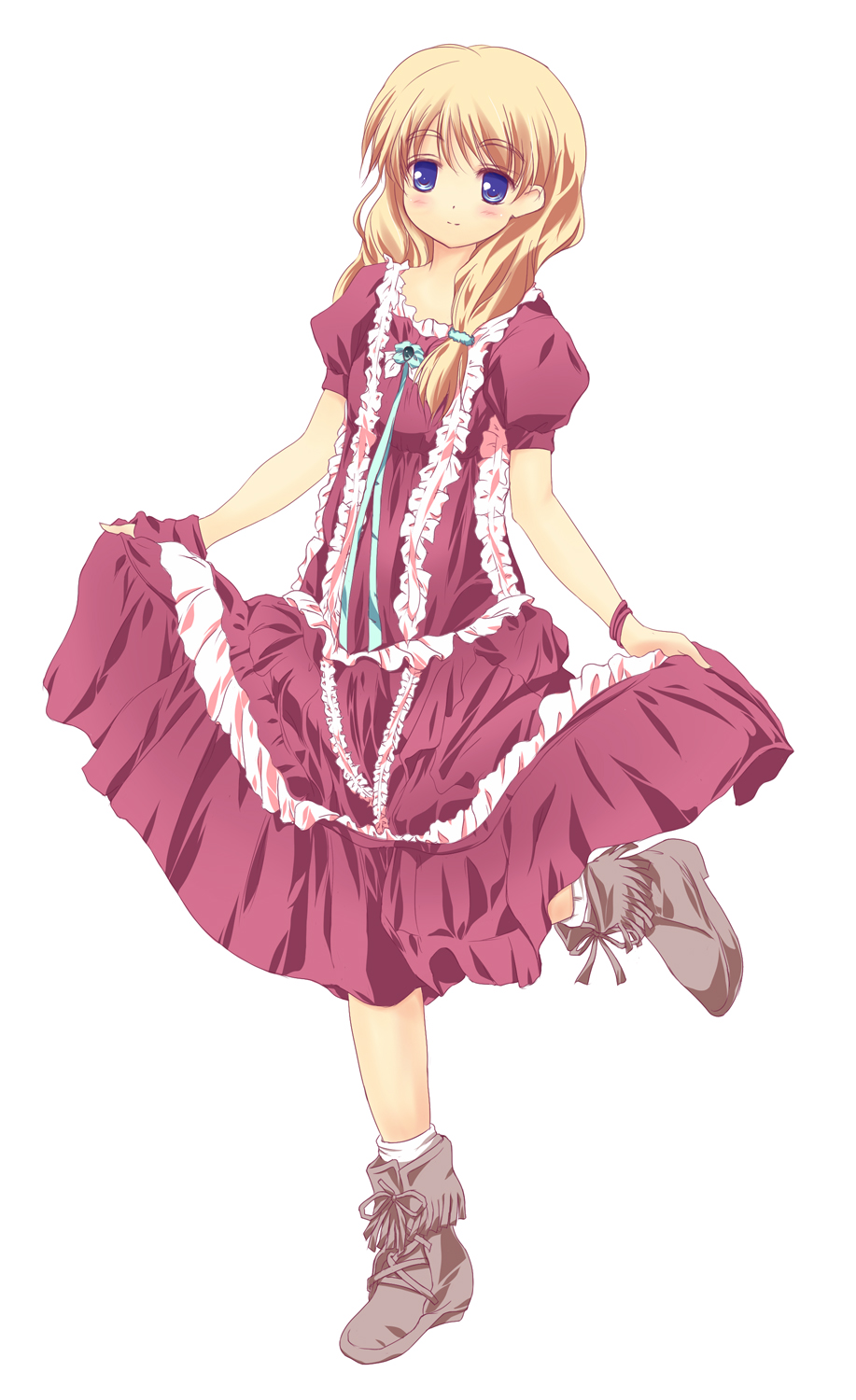 1girl, bee_(bee0314), blonde_hair, blue_eyes, boots, clothes_lift, dress, dress_lift