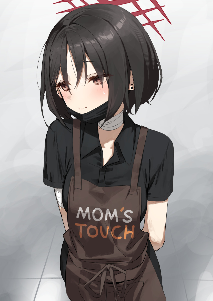 1girl, absurdres, apron, arms_behind_back, bandaged_arm, bandaged_neck, bandages, black_dress