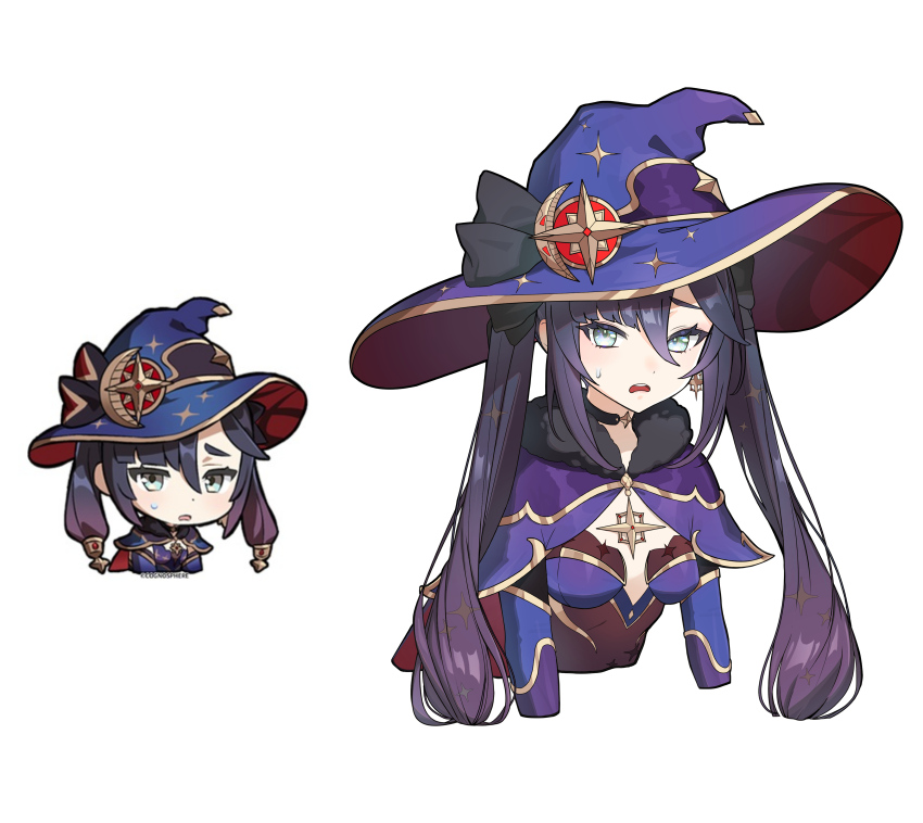 1girl, absurdres, asymmetrical_bangs, black_bow, black_choker, black_ribbon, blue_cape, blue_eyes