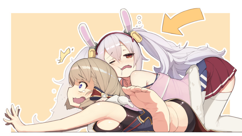 2girls, animal_ears, armpit_crease, assisted_stretching, azur_lane, bare_shoulders, bike_shorts, blonde_hair, blue_eyes, blush, bow, breasts, commentary_request, cross, drooling, fake_animal_ears, feet, from_side, fur-trimmed_jacket, fur_trim, grey_hair, hair_between_eyes, hair_bow, highres, iron_cross, jacket, laffey_(azur_lane), long_hair, medium_breasts, multiple_girls, nose_blush, one_eye_closed, open_clothes, open_jacket, pain, pink_jacket, profile, rabbit_ears, red_eyes, red_skirt, saliva, short_hair, side_sitting_split, sideboob, sitting_split, skirt, soles, split, stretching, surprised, tearing_up, thighhighs, toes, twintails, white_thighhighs, yohia, z23_(azur_lane)