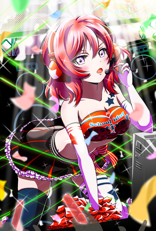 1girl, at_kiwi, bare_shoulders, gloves, love_live!, love_live!_school_idol_festival, love_live!_school_idol_project, medium_hair, nishikino_maki, open_mouth, purple_eyes, red_hair, solo, white_gloves