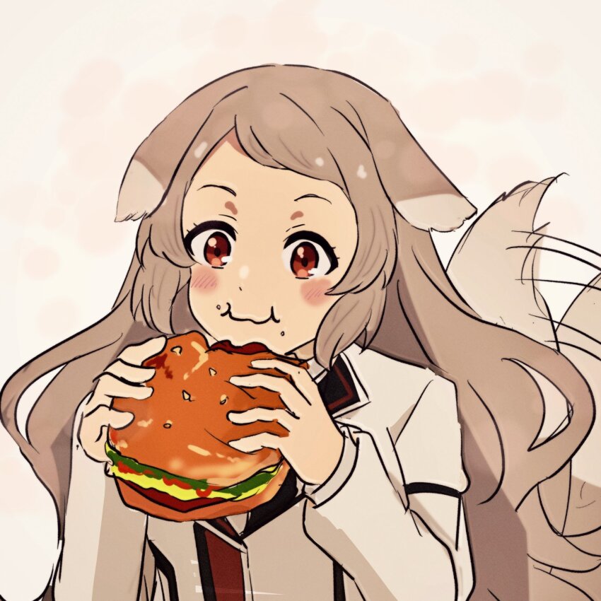 1girl, animal_ears, blush_stickers, brown_hair, burger, closed_mouth, commentary_request, dog_ears