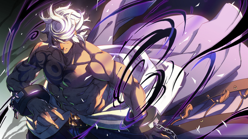 1boy, arm_tattoo, bare_pectorals, closed_eyes, cuffs, dark-skinned_male, dark_skin, enkidu_(under_night_in-birth)