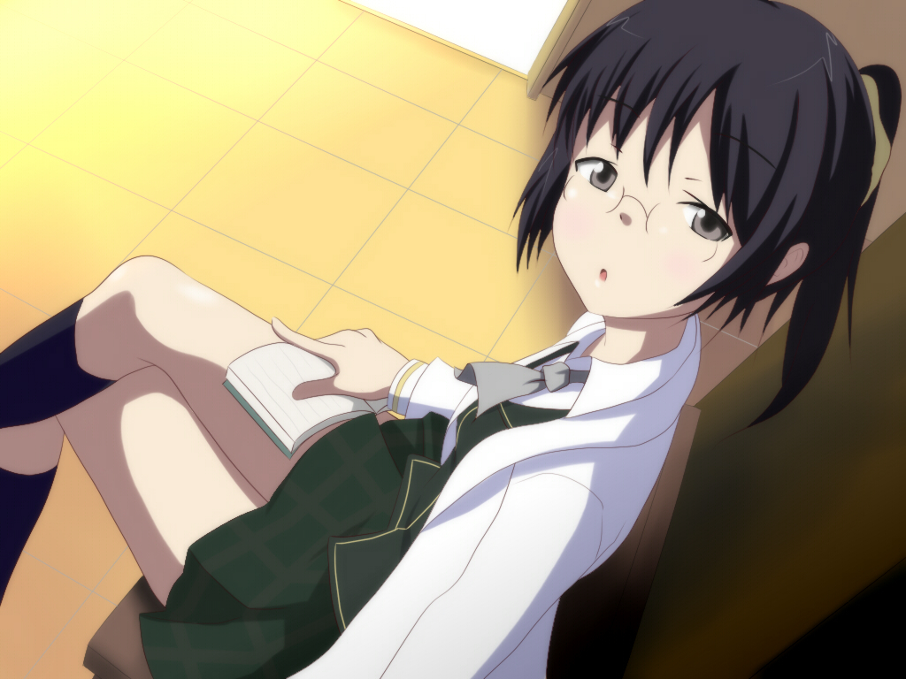 10s, 1girl, black_eyes, black_hair, boku_wa_tomodachi_ga_sukunai, book, crossed_legs, female_focus