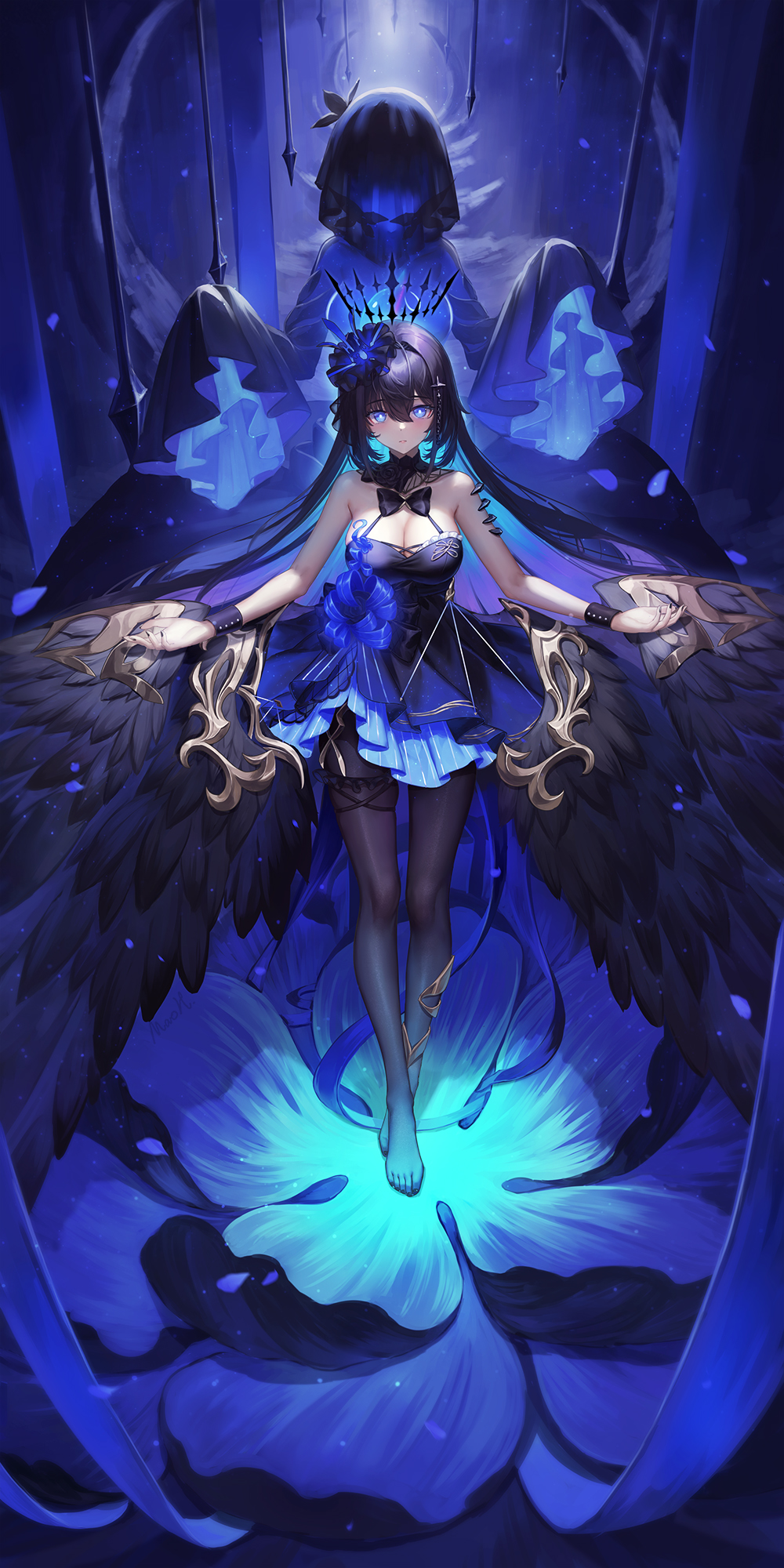 1girl, bare_shoulders, black_bow, black_bowtie, black_dress, black_hair, black_nails, black_pantyhose