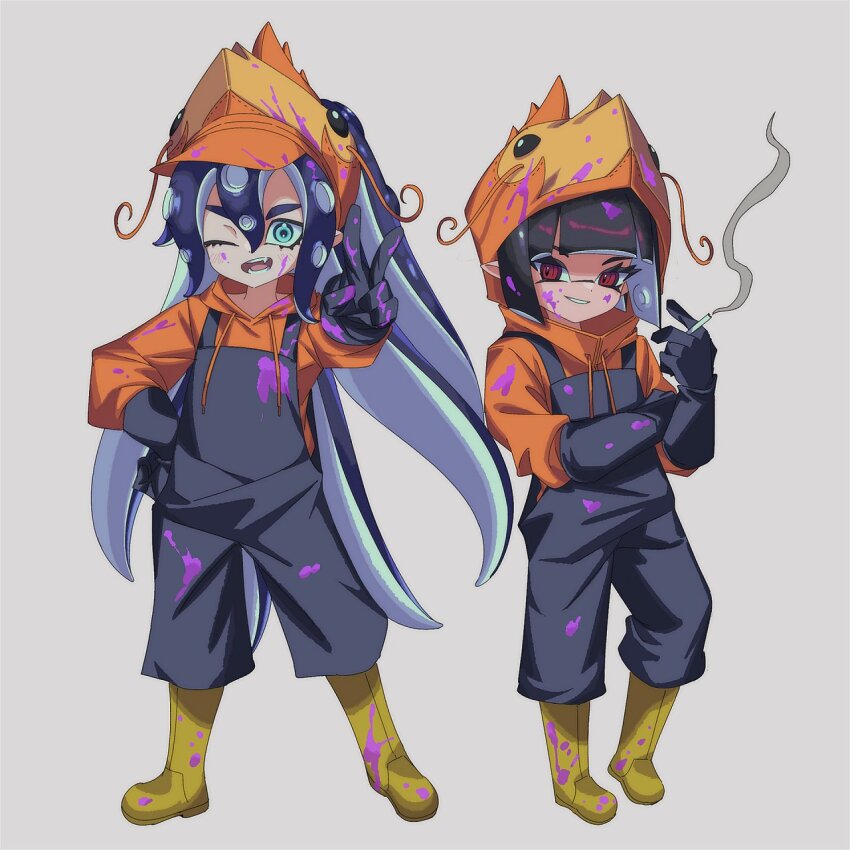 1boy, 1girl, angellyuna, black_gloves, black_hair, black_overalls, boots, cigarette