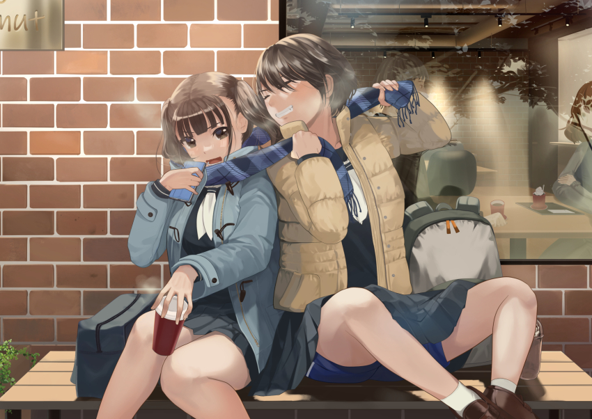 3girls, backpack, bag, bench, black_shirt, black_skirt, blue_shorts, brown_coat
