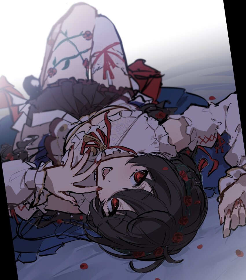 1girl, absurdres, black_hair, black_skirt, blue_cape, cape, cleavage_cutout, clothing_cutout