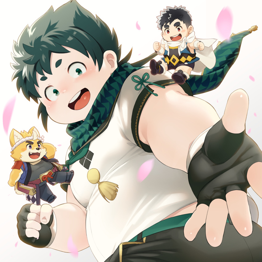 3boys, absurdres, album_cover, animal_ears, cherry_blossoms, chibi, chibi_inset, commentary_request, cover, dog_boy, dog_ears, dog_tail, echigo_(tamacolle), falling_petals, fat, fat_man, fecho_kouta_(nikubo), fingerless_gloves, furry, furry_male, furry_with_non-furry, gloves, highres, interspecies, japanese_clothes, looking_at_another, looking_at_viewer, male_focus, multiple_boys, musashi_(tamacolle), official_art, outstretched_hand, petals, sanuki_(tamacolle), tail, tamacolle, white_background