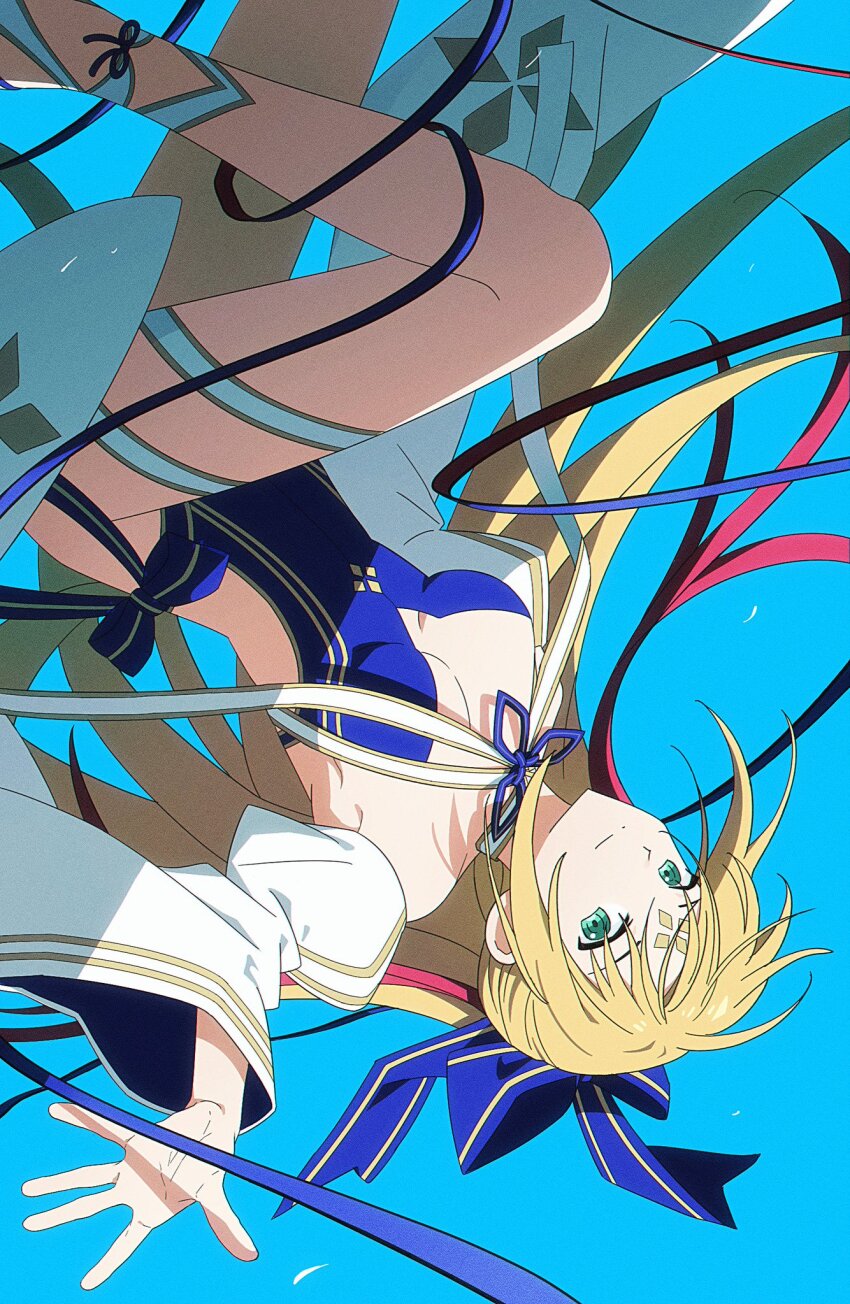 1girl, artoria_caster_(fate), artoria_caster_(swimsuit)_(fate), artoria_caster_(swimsuit)_(third_ascension)_(fate), artoria_caster_(swimsuit_berserker)_(third_ascension)_(fate), artoria_pendragon_(fate), blonde_hair, blue_background