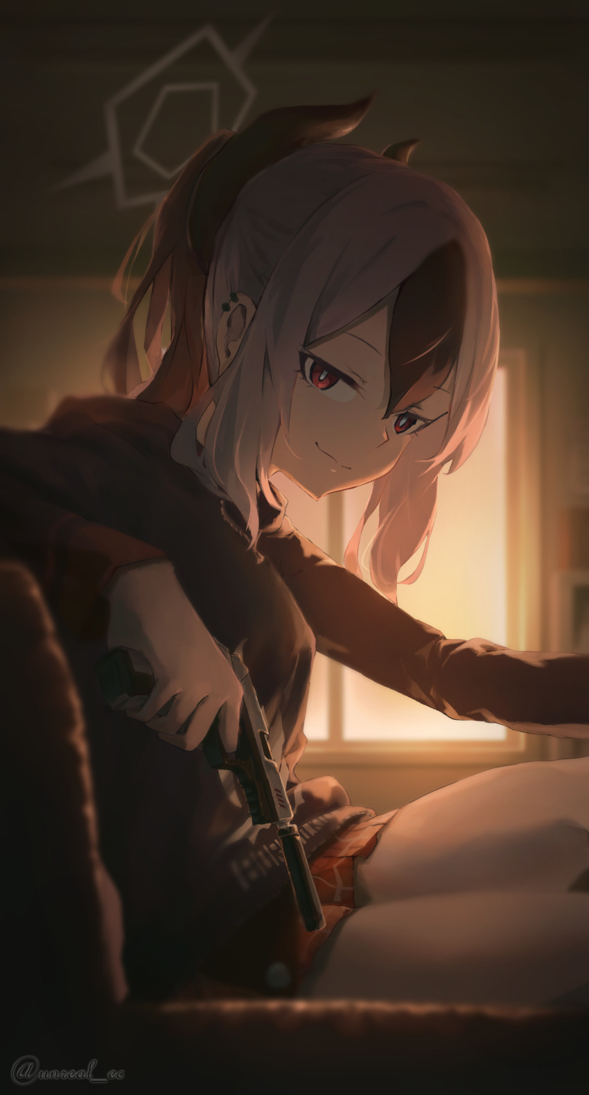 1girl, absurdres, black_hair, black_horns, black_jacket, blue_archive, commentary_request, ear_piercing, grey_halo, gun, halo, handgun, highres, holding, holding_gun, holding_weapon, horns, indoors, jacket, kayoko_(blue_archive), looking_at_viewer, multicolored_hair, piercing, smile, solo, suppressor, thighs, two-tone_hair, unreal_ec, weapon, white_hair, window