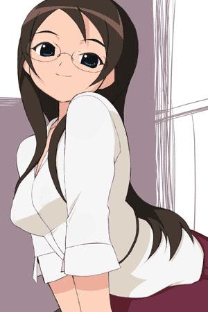 00s, 1girl, brown_hair, chicchana_yukitsukai_sugar, elf_k, female_focus, glasses, grey_eyes, hanna, hanna_(chicchana_yukitsukai_sugar), long_hair, lowres, rimless_eyewear, shirt, solo, teacher