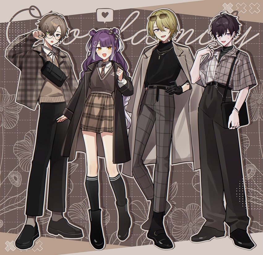 1girl, 3boys, absurdres, alban_knox, bag, black_bag, black_footwear, black_gloves, black_pants, black_sweater, blonde_hair, brown_coat, brown_hair, brown_jacket, brown_necktie, brown_skirt, brown_sweater_vest, coat, coat_on_shoulders, creator_connection, eyewear_on_head, gloves, gradient_hair, green_eyes, grey_eyes, heart, heterochromia, highres, jacket, jewelry, luca_kaneshiro, male_focus, multicolored_hair, multiple_boys, necklace, necktie, nijisanji, nijisanji_en, open_mouth, pants, plaid_clothes, plaid_jacket, plaid_skirt, purple_eyes, purple_hair, saiki_ittetsu, shoulder_bag, skirt, spoken_heart, sunglasses, sweater, sweater_vest, turtleneck, turtleneck_sweater, umise_yotsuha, virtual_youtuber, waka_(wk4444), white_hair, yellow_eyes