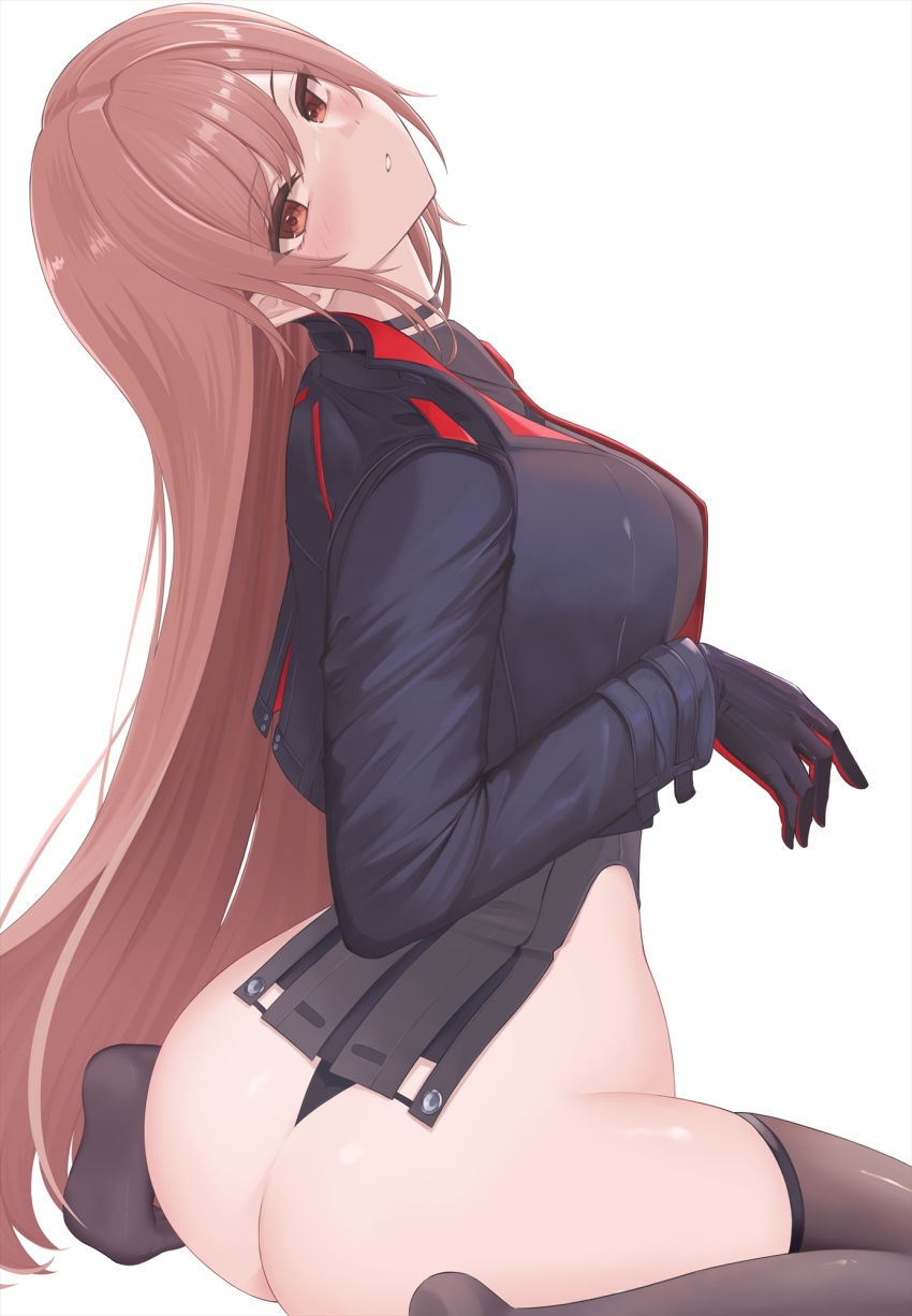 1girl, ass, black_gloves, black_jacket, black_leotard, black_shirt, black_thighhighs, blush