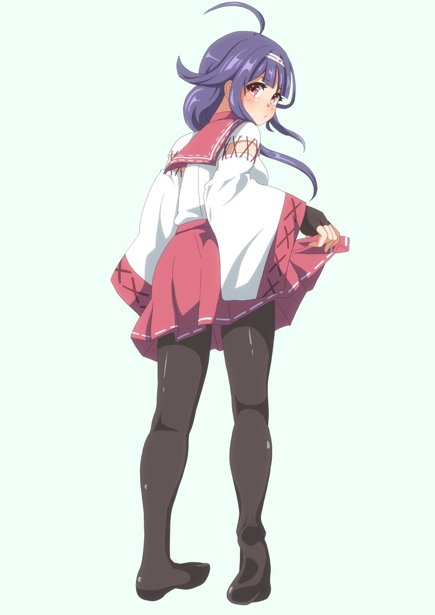 1girl, absurdres, ahoge, black_pantyhose, dress, from_behind, full_body, hair_over_shoulder