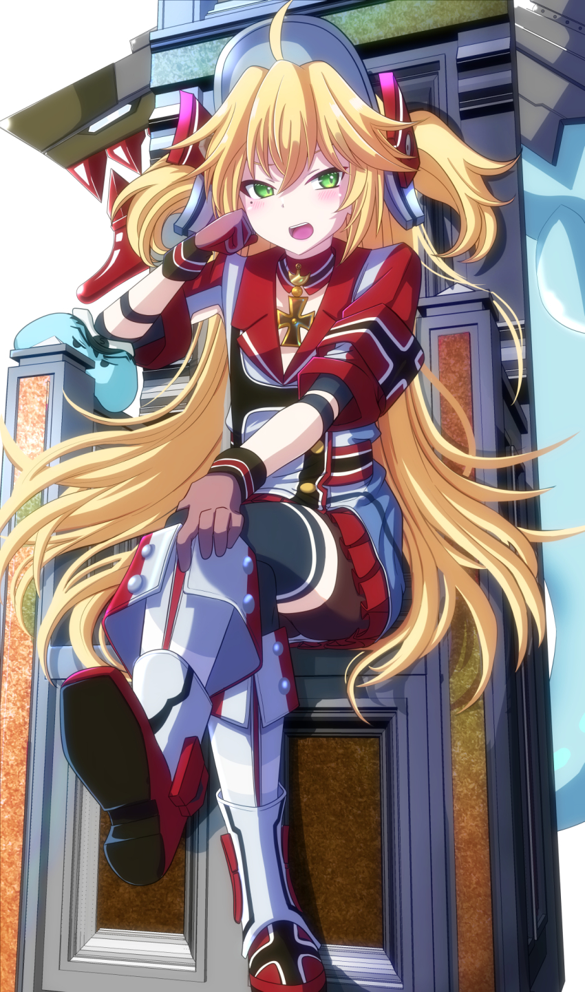 1girl, admiral_hipper_(azur_lane), ahoge, azur_lane, black_thighhighs, blonde_hair, boots, commentary_request