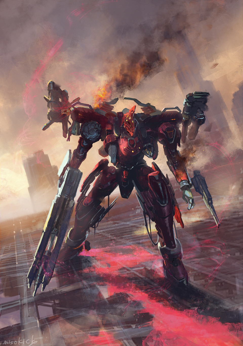 armored_core, armored_core_vi:_fires_of_rubicon, building, commentary, full_body, gun, hal_826, handler_walter, highres, holding, holding_gun, holding_weapon, mecha, mecha_focus, miso_katsu, robot, science_fiction, signature, sky, smoke, weapon