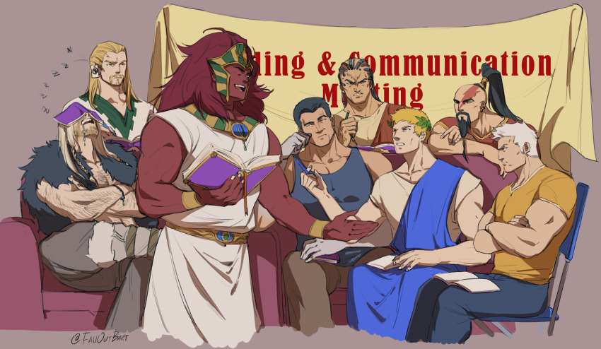 6+boys, ancient_egyptian_clothes, ancient_egyptian_hat, angron, arm_hair, bald, banner, beard