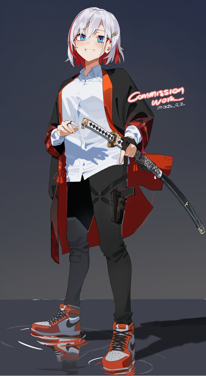 1girl, absurdres, black_gloves, black_pants, blue_eyes, blush, collared_shirt, commission